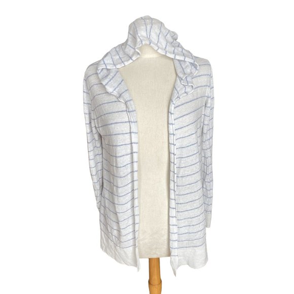Cynthia Rowley Linen Cardigan Sz M Nautical Striped Coastal Grandma Hooded Beach - Picture 1 of 10